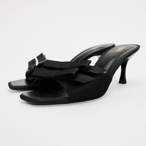 ZARA Black Satin Mule Sandals with Bow Detailing